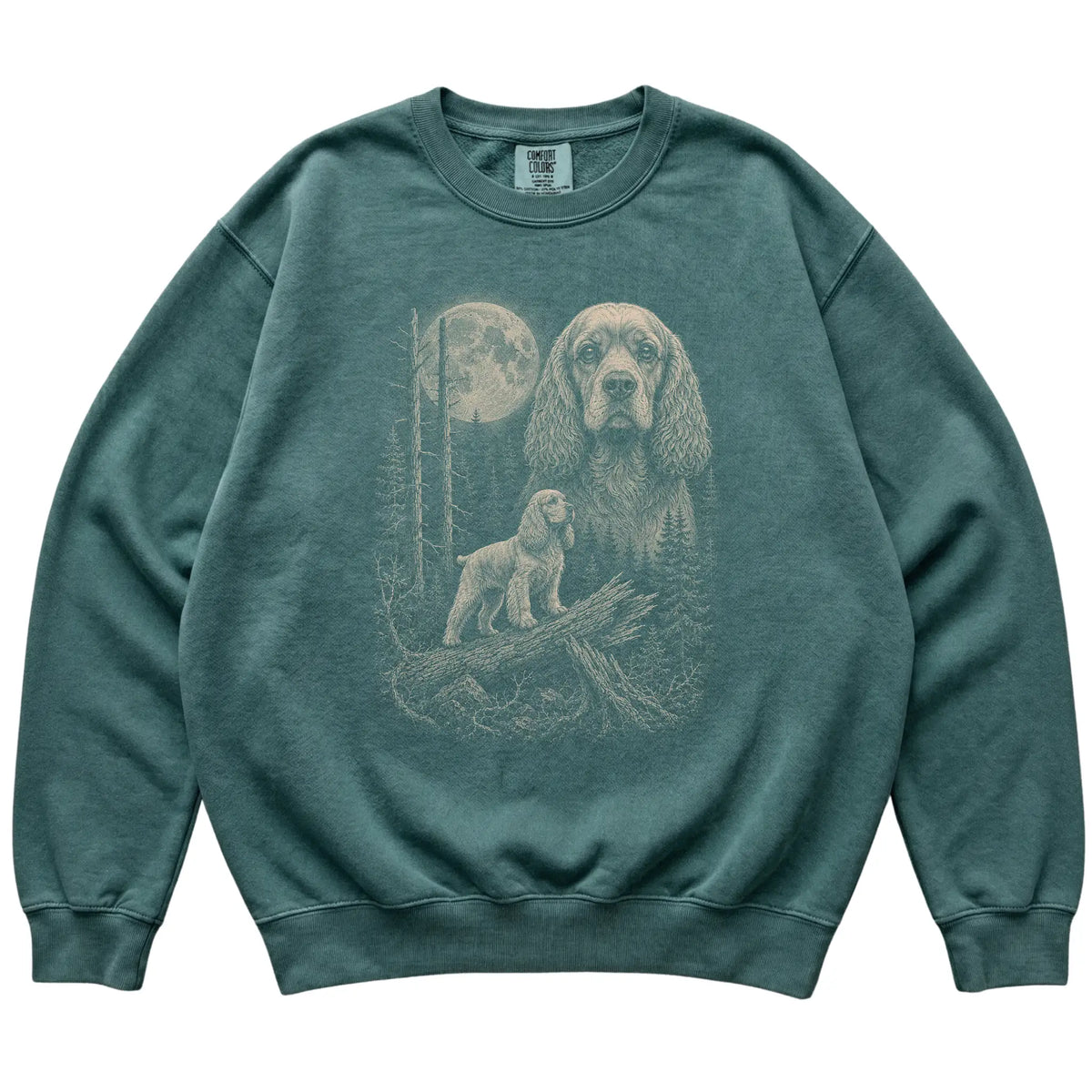 Blue Spruce Cocker Spaniel Moonlit Forest Comfort Colors sweatshirt, flat view