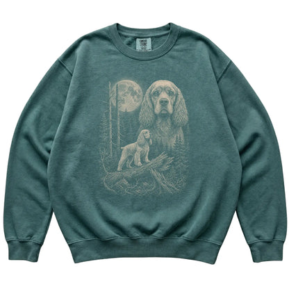 Blue Spruce Cocker Spaniel Moonlit Forest Comfort Colors sweatshirt, flat view