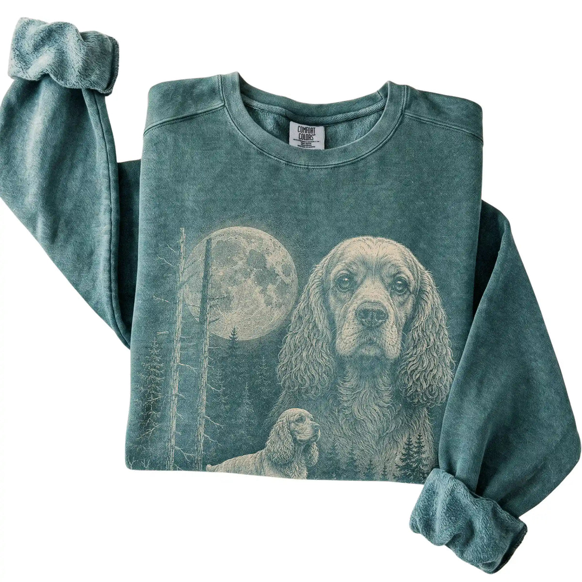 Blue Spruce Cocker Spaniel Moonlit Forest Comfort Colors sweatshirt, folded view