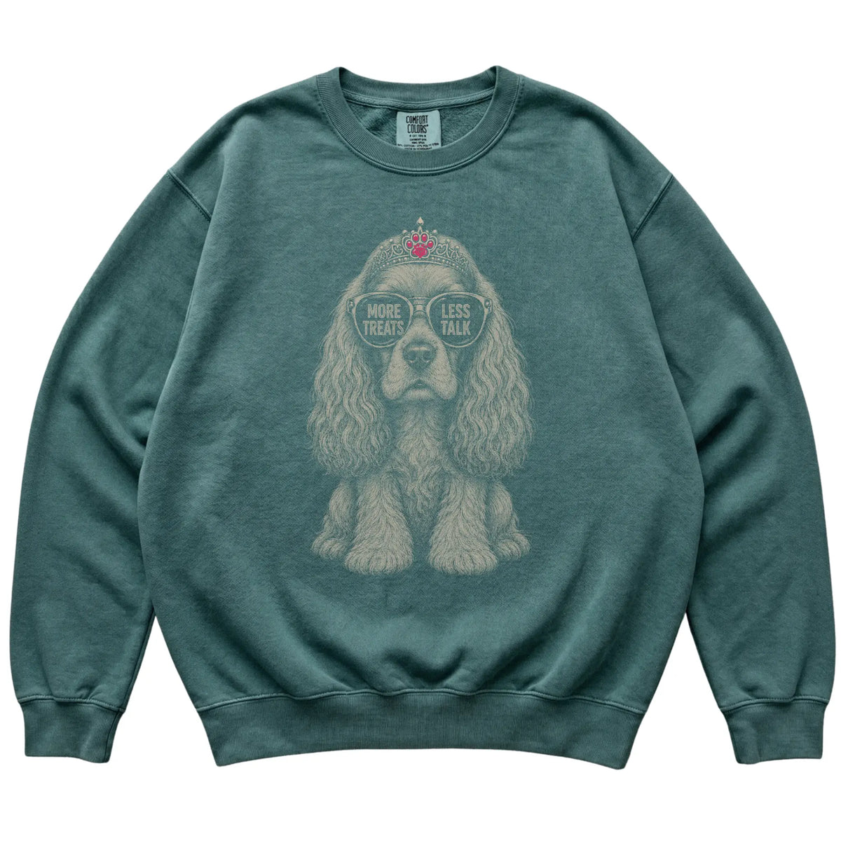 Blue Spruce Comfort Colors sweatshirt featuring Cocker Spaniel More Treats Less Talk, laid-flat presentation