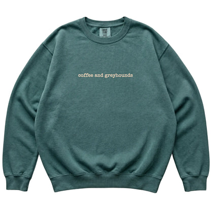 Blue Spruce Coffee and Greyhounds Comfort Colors sweatshirt laid flat