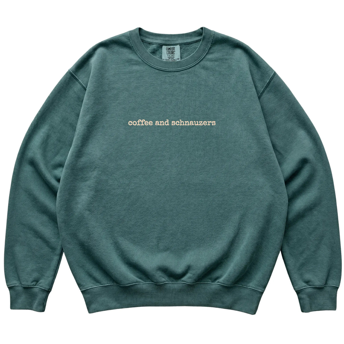 Blue Spruce Coffee and Schnauzers Comfort Colors sweatshirt laid flat