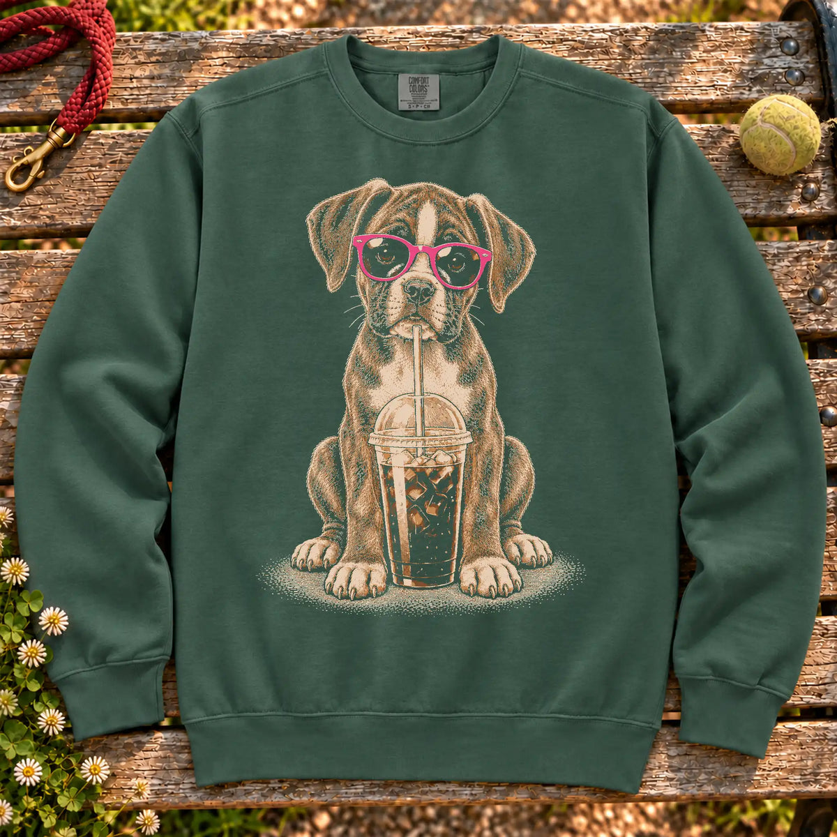Boxer drinking cold coffee in pink sunglasses on Blue Spruce sweatshirt