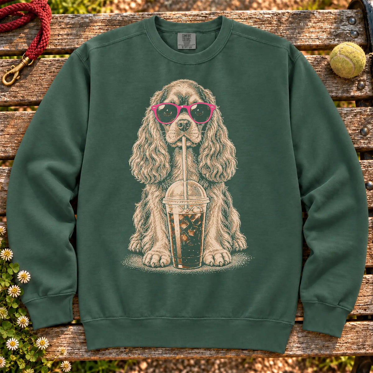 Cocker Spaniel drinking cold coffee in pink sunglasses on Blue Spruce sweatshirt