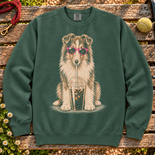 Collie drinking cold coffee in pink sunglasses on Blue Spruce sweatshirt