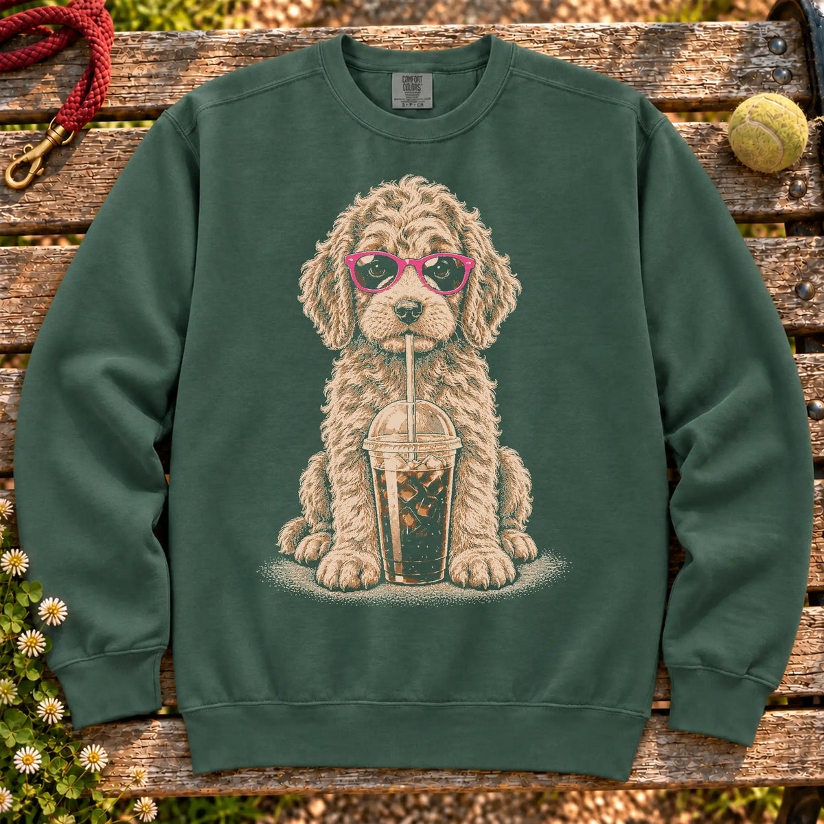 Goldendoodle drinking cold coffee in pink sunglasses on Blue Spruce sweatshirt
