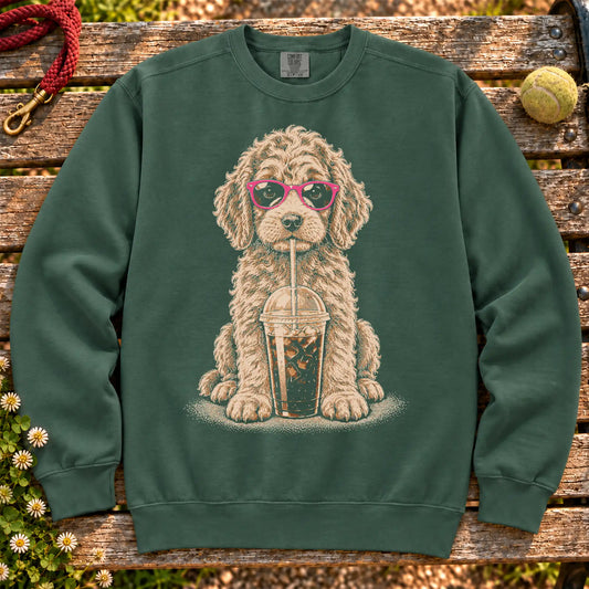 Goldendoodle drinking cold coffee in pink sunglasses on Blue Spruce sweatshirt