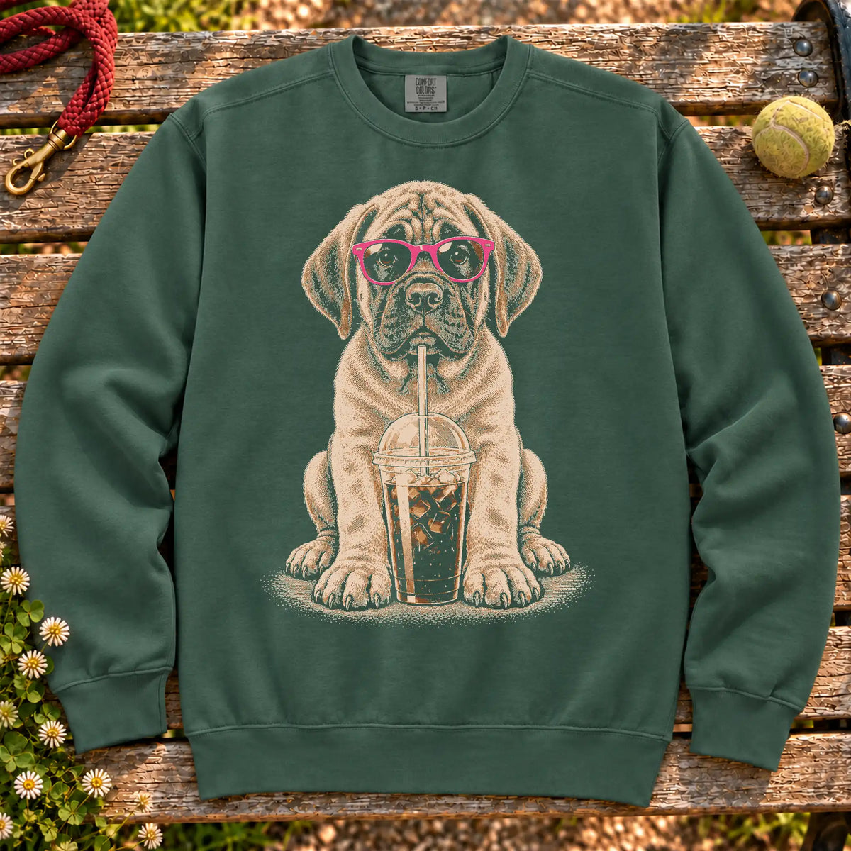Mastiff drinking cold coffee in pink sunglasses on Blue Spruce sweatshirt