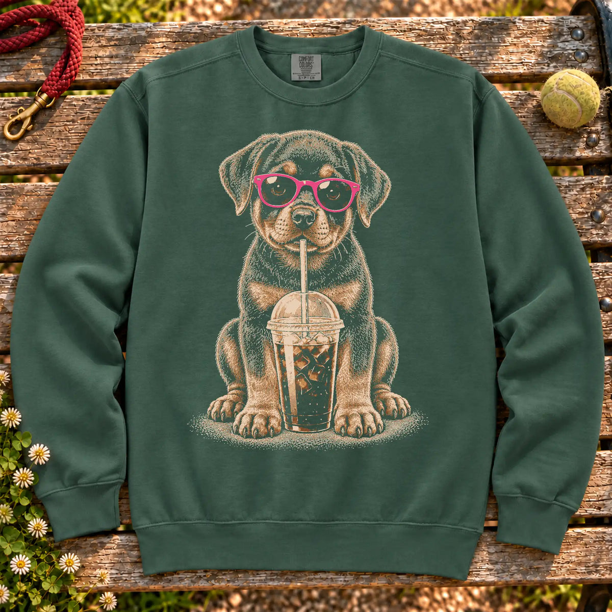 Rottweiler drinking cold coffee in pink sunglasses on Blue Spruce sweatshirt