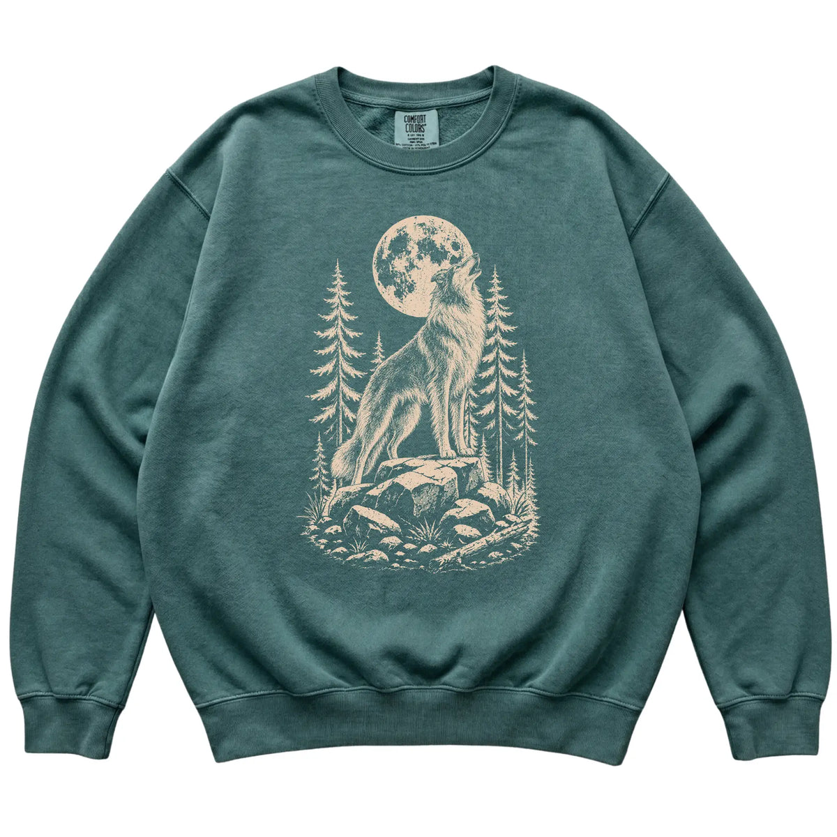 Close view of Collie Howling at the Moon artwork on Blue Spruce Comfort Colors sweatshirt