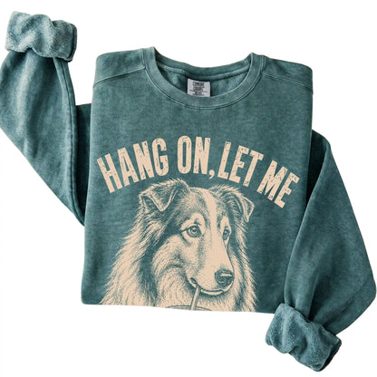 Blue Spruce Comfort Colors sweatshirt featuring Collie Iced Coffee Overthink, folded presentation