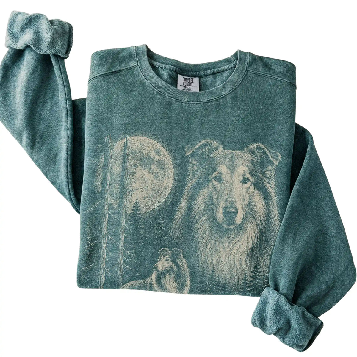 Blue Spruce Collie Moonlit Forest Comfort Colors sweatshirt, folded view