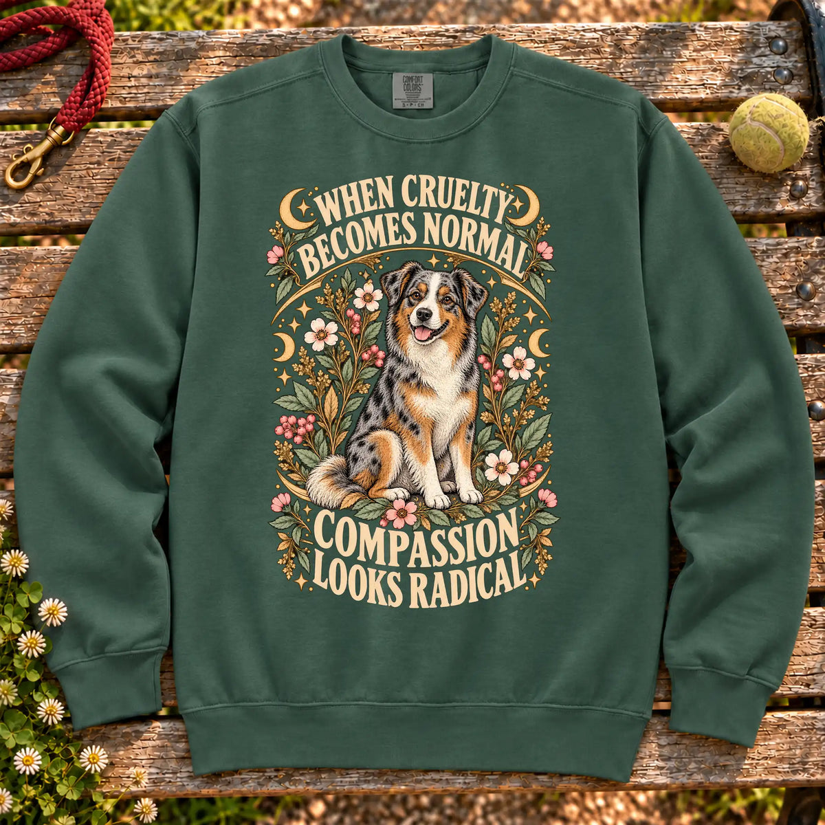 Compassion Looks Radical Australian Shepherd design on a Blue Spruce Comfort Colors sweatshirt