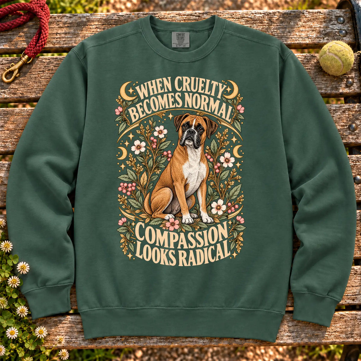 Compassion Looks Radical Boxer design on a Blue Spruce Comfort Colors sweatshirt