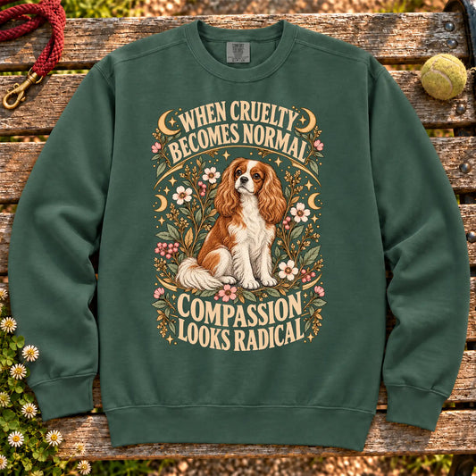 Compassion Looks Radical Cavalier King Charles Spaniel design on a Blue Spruce Comfort Colors sweatshirt