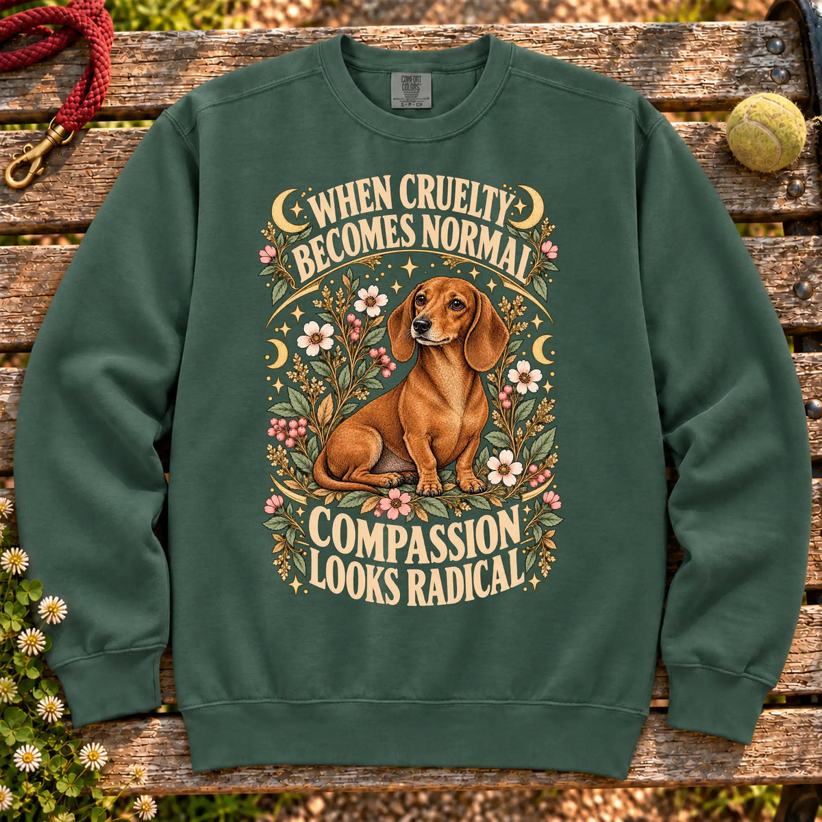 Compassion Looks Radical Dachshund design on a Blue Spruce Comfort Colors sweatshirt