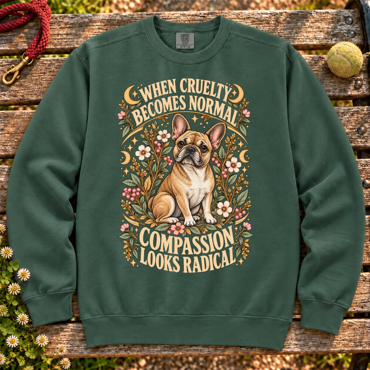 Compassion Looks Radical French Bulldog design on a Blue Spruce Comfort Colors sweatshirt