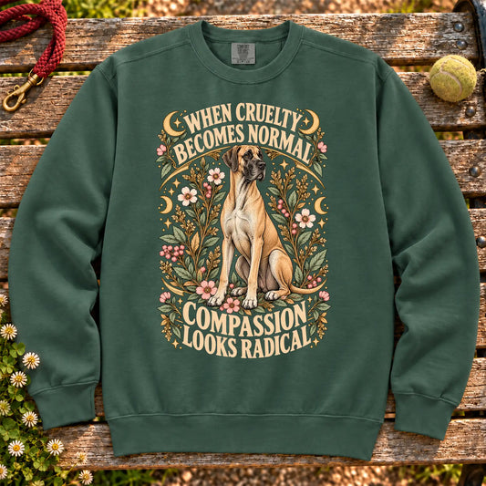 Compassion Looks Radical Great Dane design on a Blue Spruce Comfort Colors sweatshirt