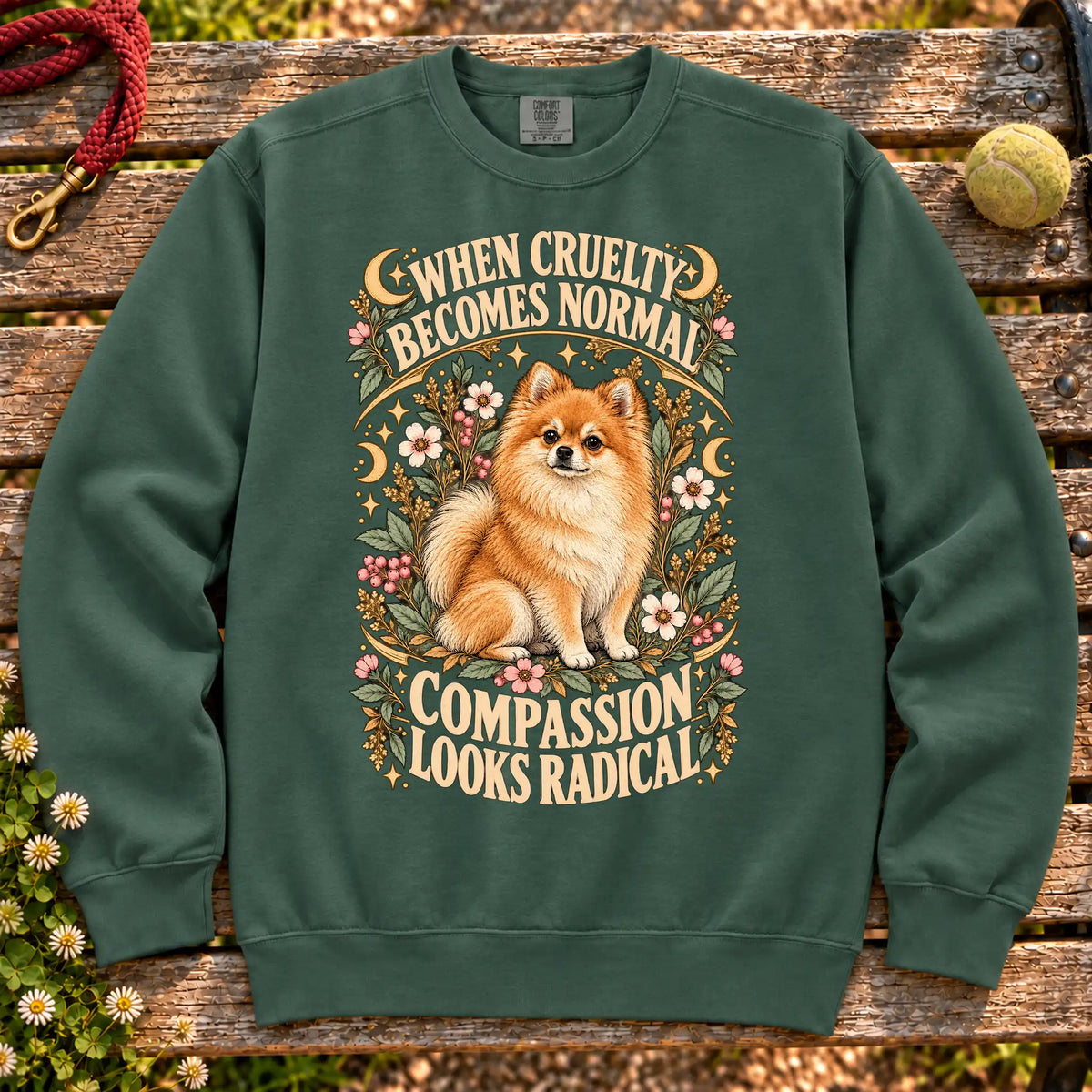 Compassion Looks Radical Pomeranian design on a Blue Spruce Comfort Colors sweatshirt