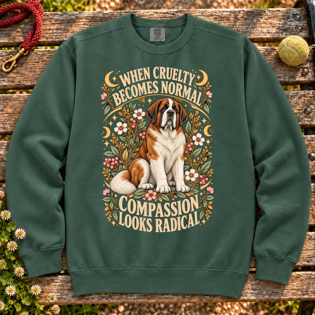 Compassion Looks Radical Saint Bernard design on a Blue Spruce Comfort Colors sweatshirt