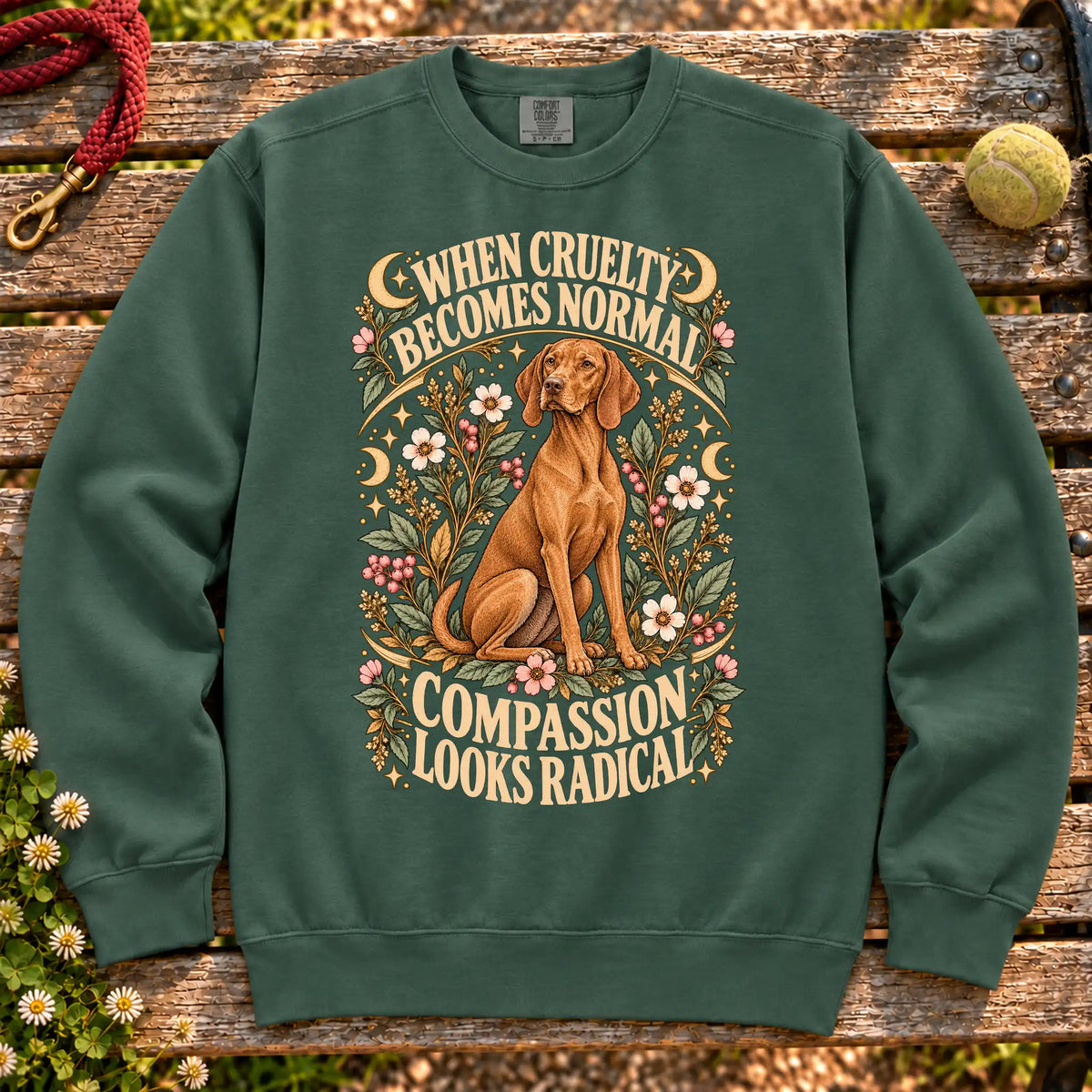 Compassion Looks Radical Vizsla design on a Blue Spruce Comfort Colors sweatshirt
