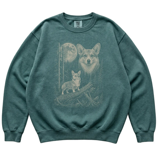 Blue Spruce Corgi Moonlit Forest Comfort Colors sweatshirt, flat view