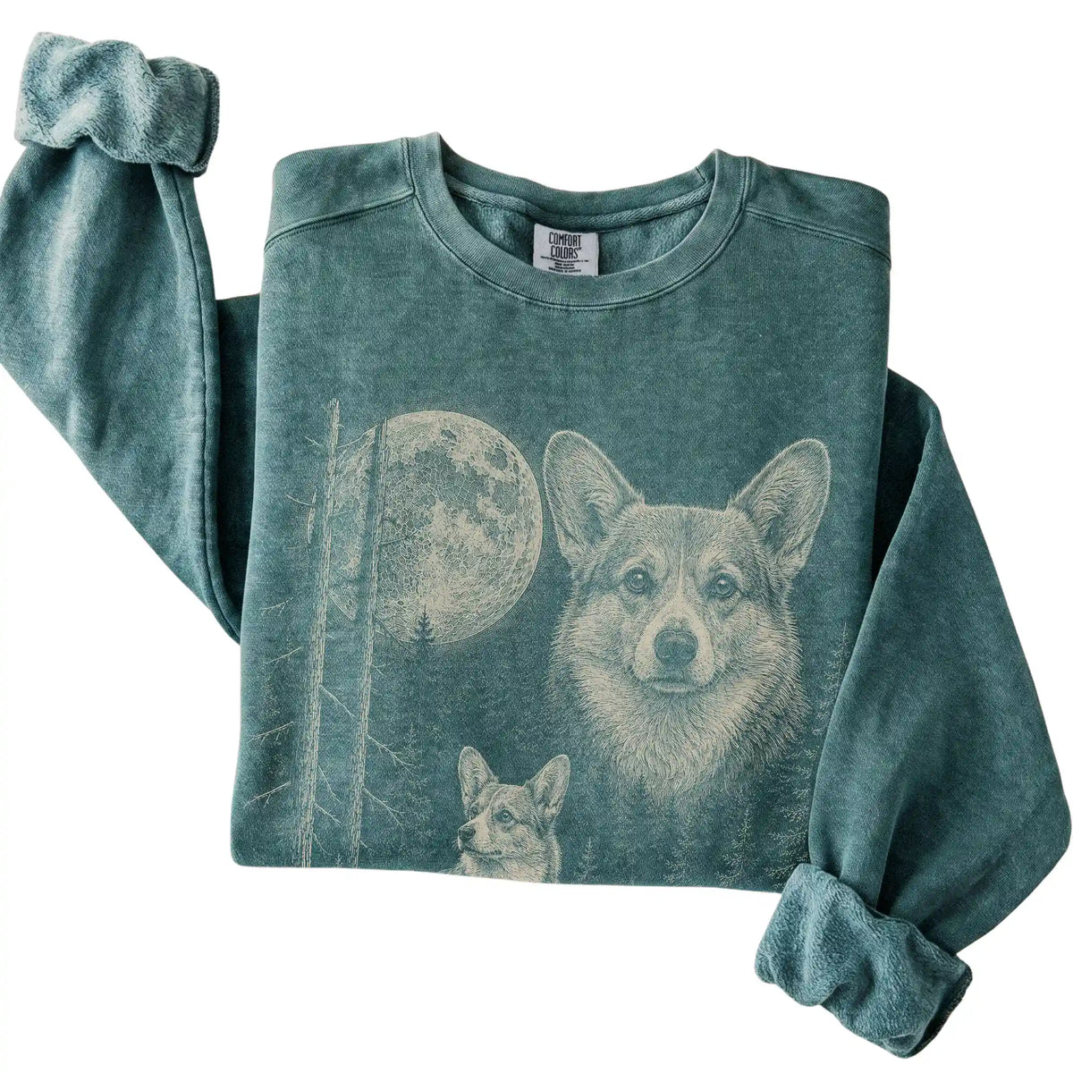 Blue Spruce Corgi Moonlit Forest Comfort Colors sweatshirt, folded view