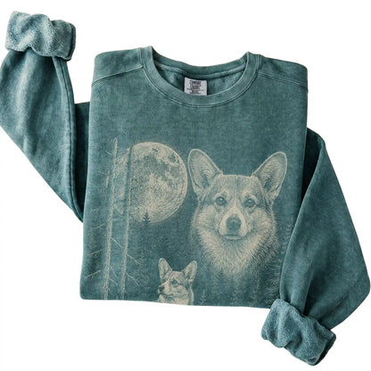 Blue Spruce Corgi Moonlit Forest Comfort Colors sweatshirt, folded view