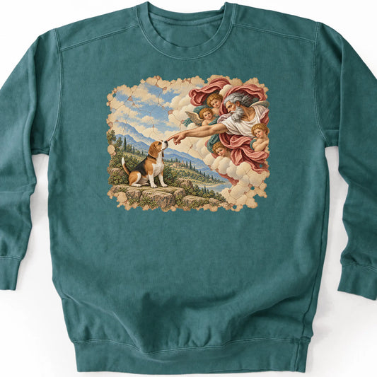 Beagle Creation of Adam design on a blue spruce sweatshirt
