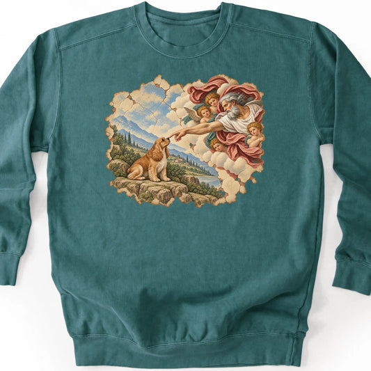 Cocker Spaniel Creation of Adam design on a blue spruce sweatshirt