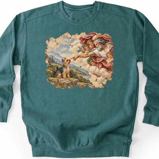 Yorkie Creation of Adam design on a blue spruce sweatshirt