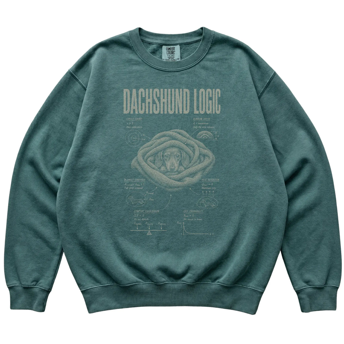 Blue Spruce Dachshund Logic T-Shirt laid flat