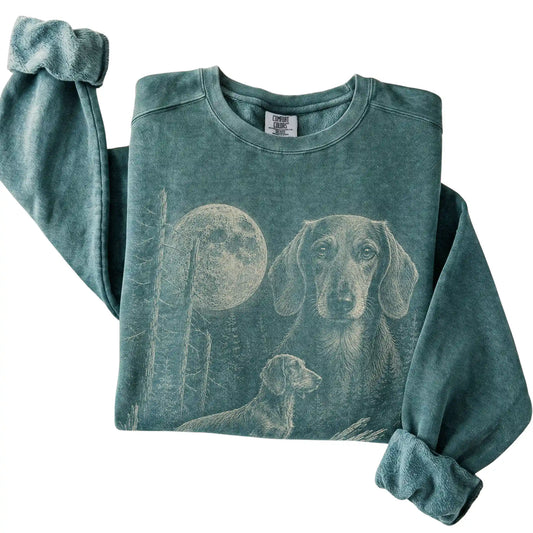 Blue Spruce Dachshund Moonlit Forest Comfort Colors sweatshirt, folded view