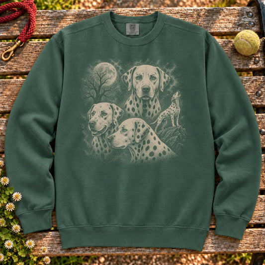 Dalmatian 90s Moon design on a Blue Spruce Comfort Colors sweatshirt