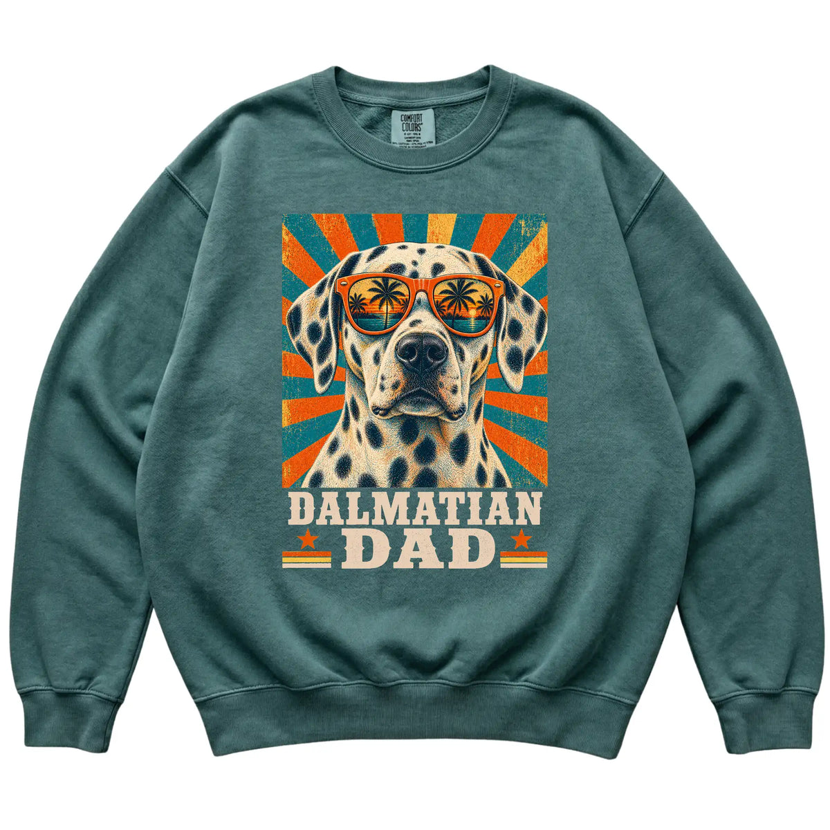 Retro Dalmatian Dad design on a Blue Spruce Comfort Colors sweatshirt