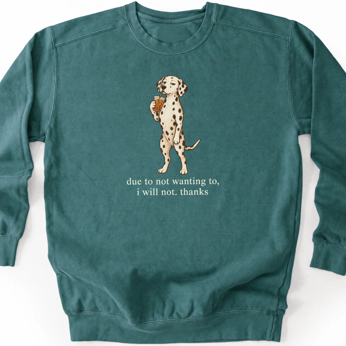 Dalmatian I Will Not design with iced coffee on a blue spruce sweatshirt