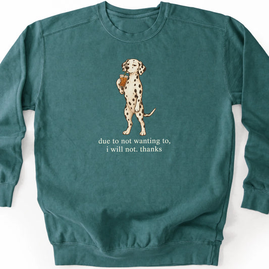Dalmatian I Will Not design with iced coffee on a blue spruce sweatshirt