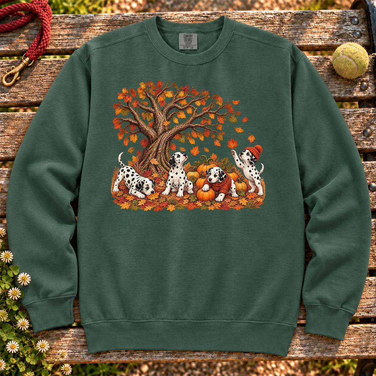 Four Dalmatian puppies with pumpkins beneath an autumn tree on a Blue Spruce garment-dyed sweatshirt