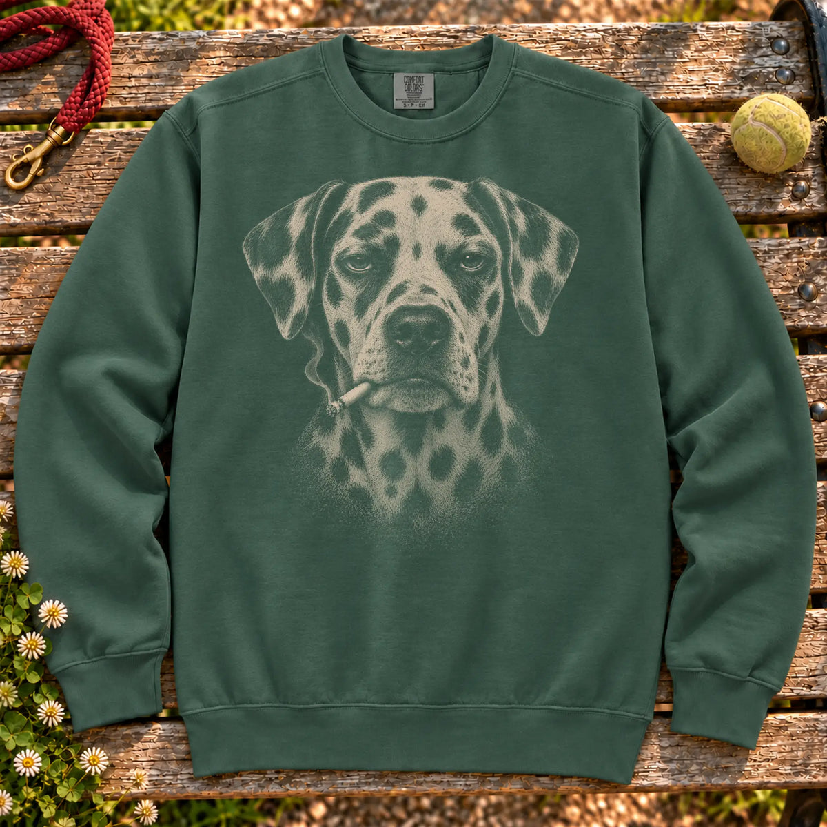 Dalmatian smoking design on a Blue Spruce sweatshirt