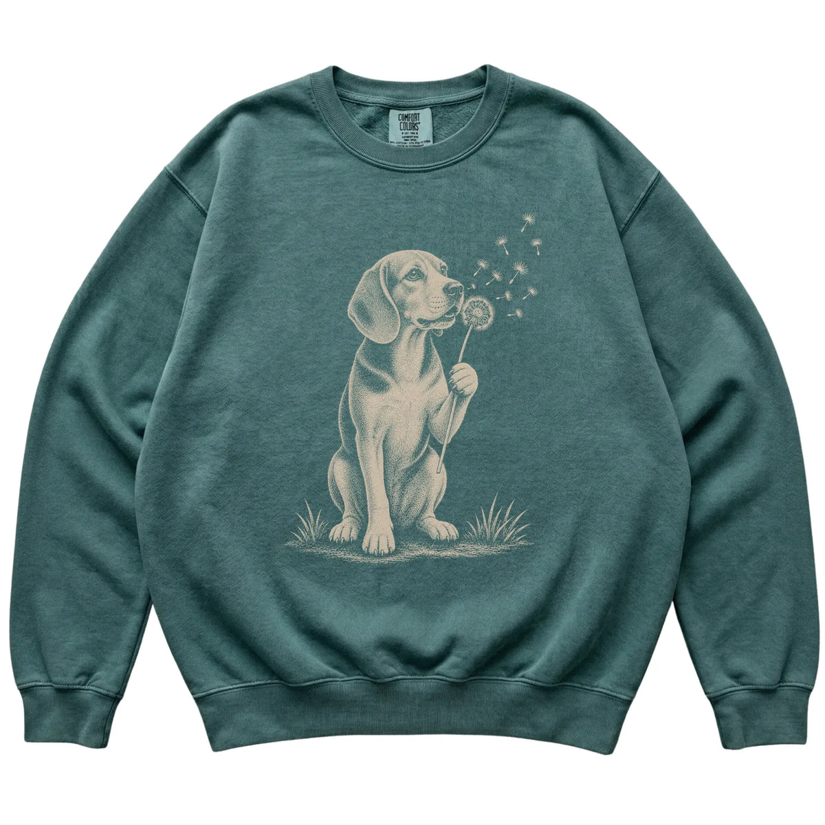 Blue Spruce Comfort Colors® sweatshirt featuring Dandelion Beagle, laid-flat presentation