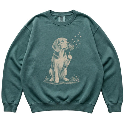 Blue Spruce Comfort Colors® sweatshirt featuring Dandelion Beagle, laid-flat presentation