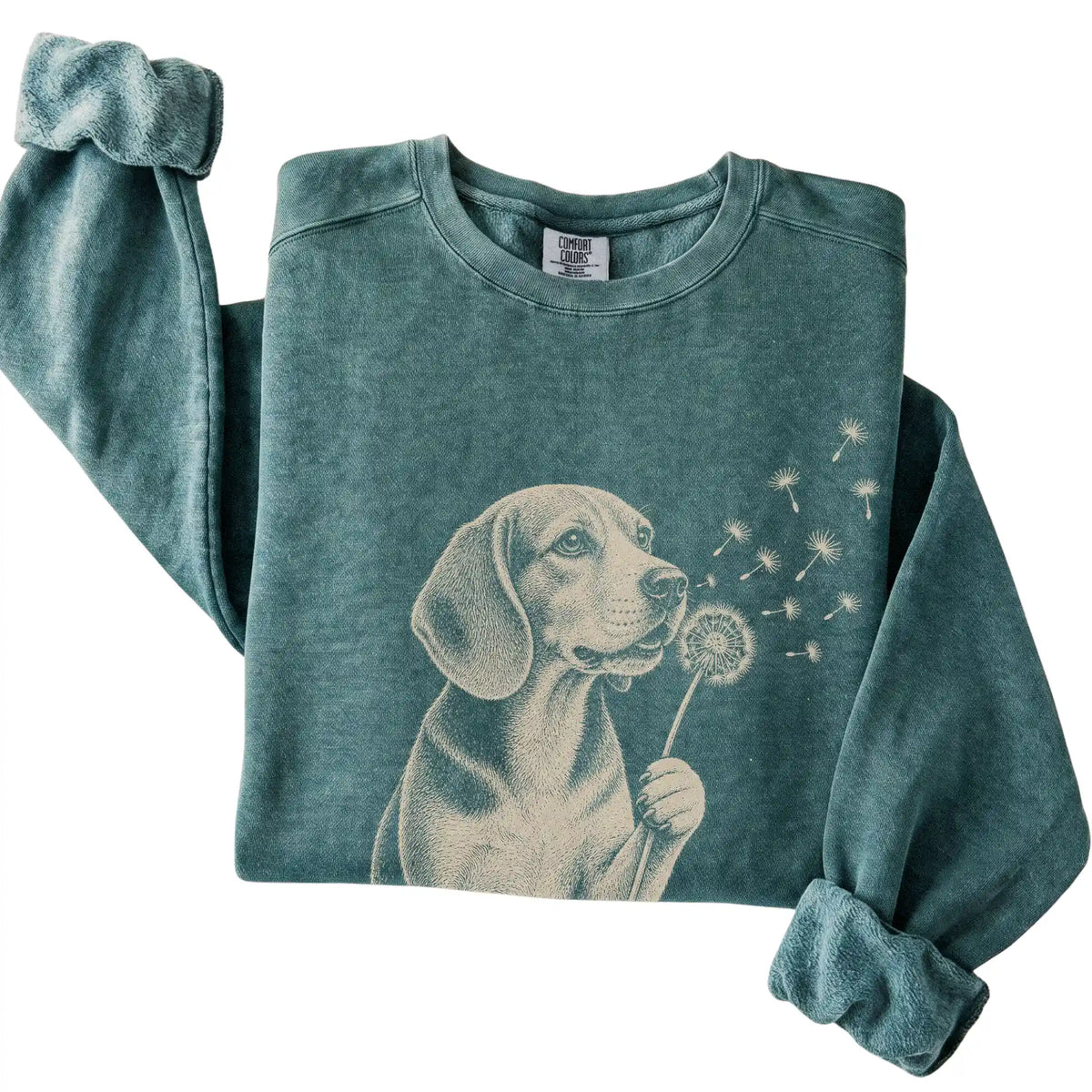 Blue Spruce Comfort Colors® sweatshirt featuring Dandelion Beagle, folded presentation