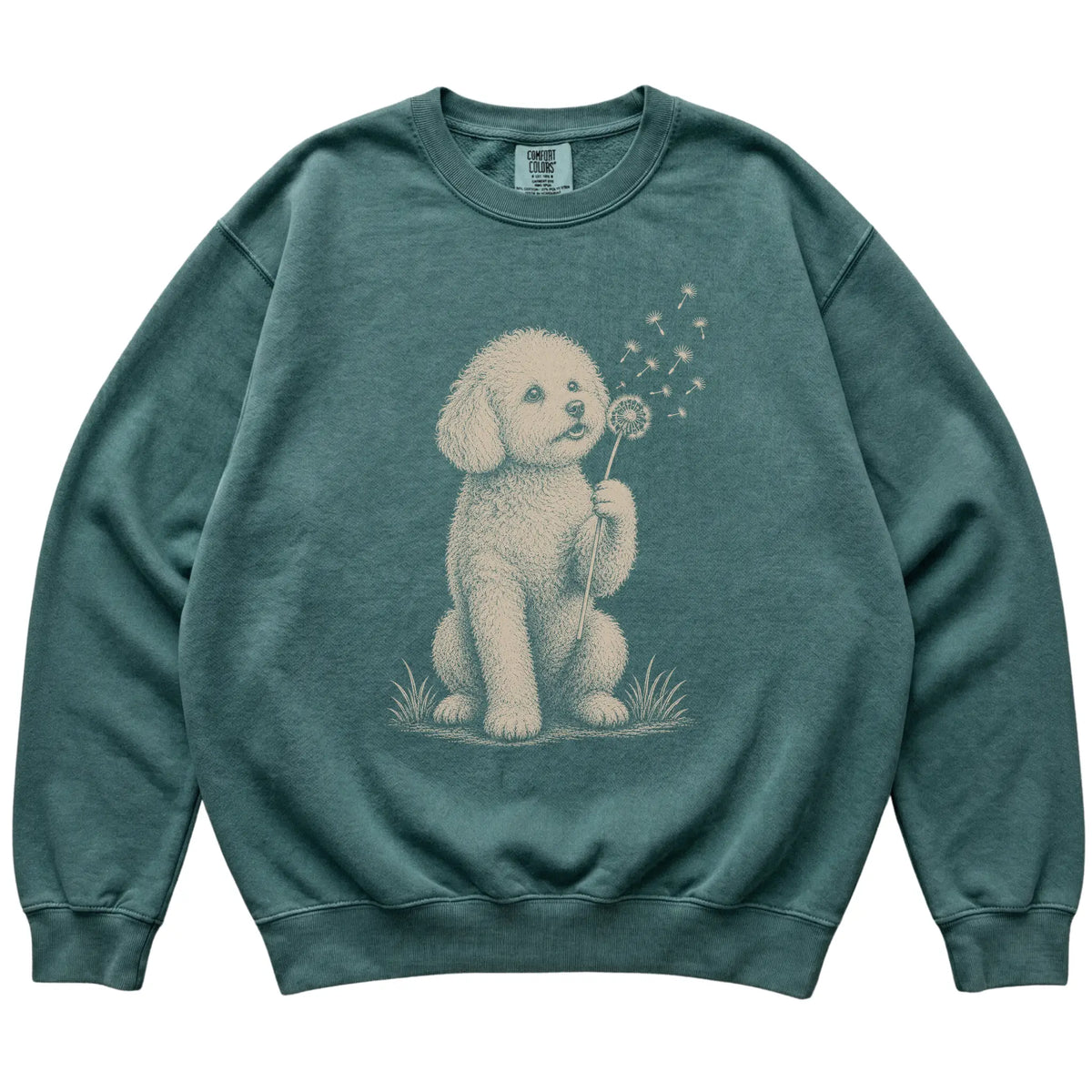 Blue Spruce Comfort Colors® sweatshirt featuring Dandelion Bichon Frise, laid-flat presentation