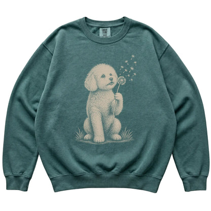 Blue Spruce Comfort Colors® sweatshirt featuring Dandelion Bichon Frise, laid-flat presentation