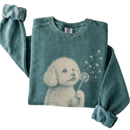 Blue Spruce Comfort Colors® sweatshirt featuring Dandelion Bichon Frise, folded presentation