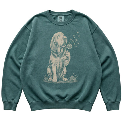 Blue Spruce Comfort Colors® sweatshirt featuring Dandelion Bloodhound, laid-flat presentation