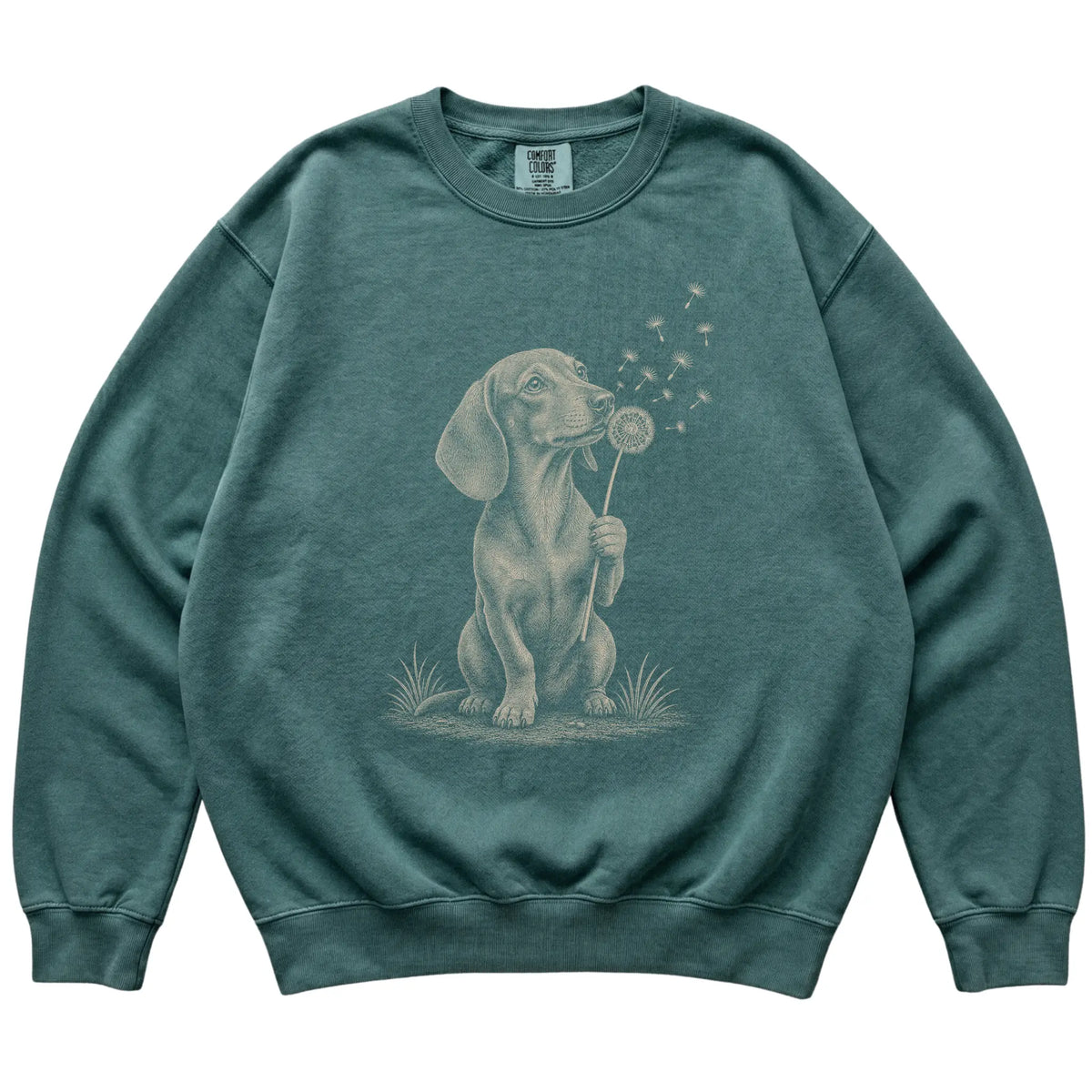 Blue Spruce Comfort Colors® sweatshirt featuring Dandelion Dachshund, laid-flat presentation