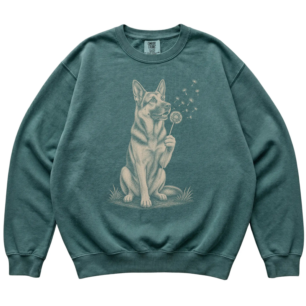 Blue Spruce Comfort Colors® sweatshirt featuring Dandelion German Shepherd, laid-flat presentation