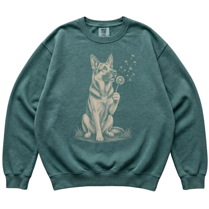 Blue Spruce Comfort Colors® sweatshirt featuring Dandelion German Shepherd, laid-flat presentation