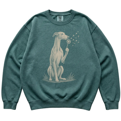 Blue Spruce Comfort Colors® sweatshirt featuring Dandelion Greyhound, laid-flat presentation